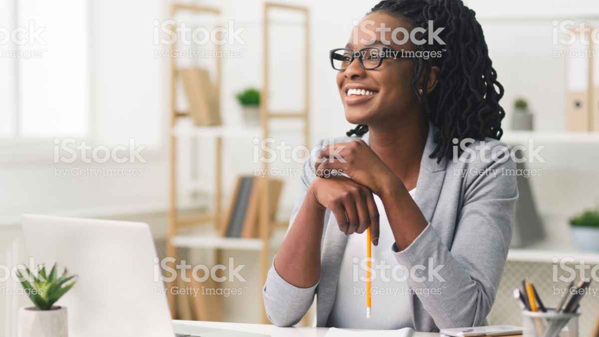 Business Career Concept. Afro Businesswoman Smiling Sitting In Modern Office. Copy Space